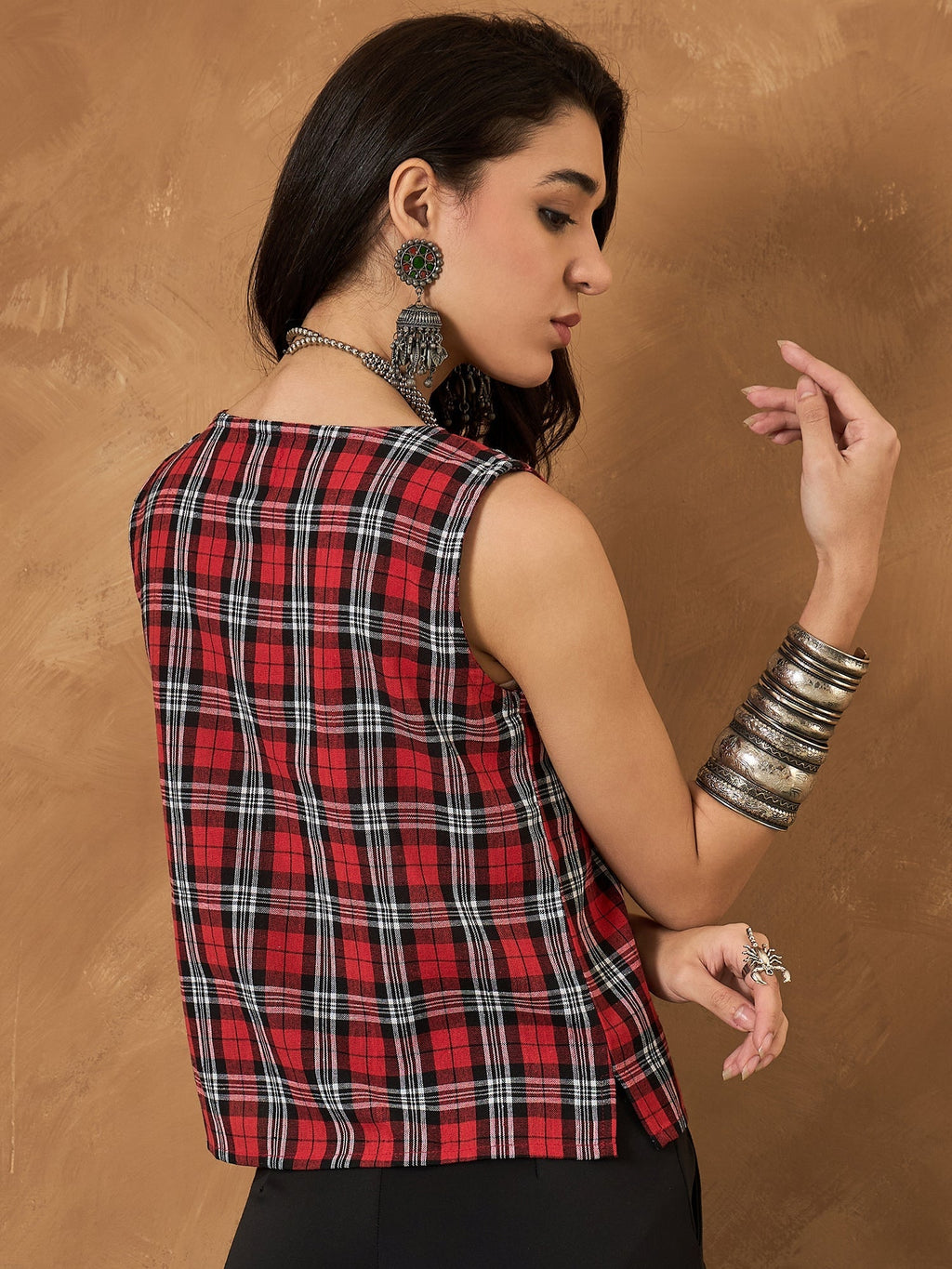 InWeave Red Black Check Sleeveless Top | Grocsy