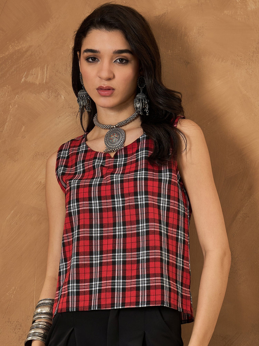 InWeave Red Black Check Sleeveless Top | Grocsy