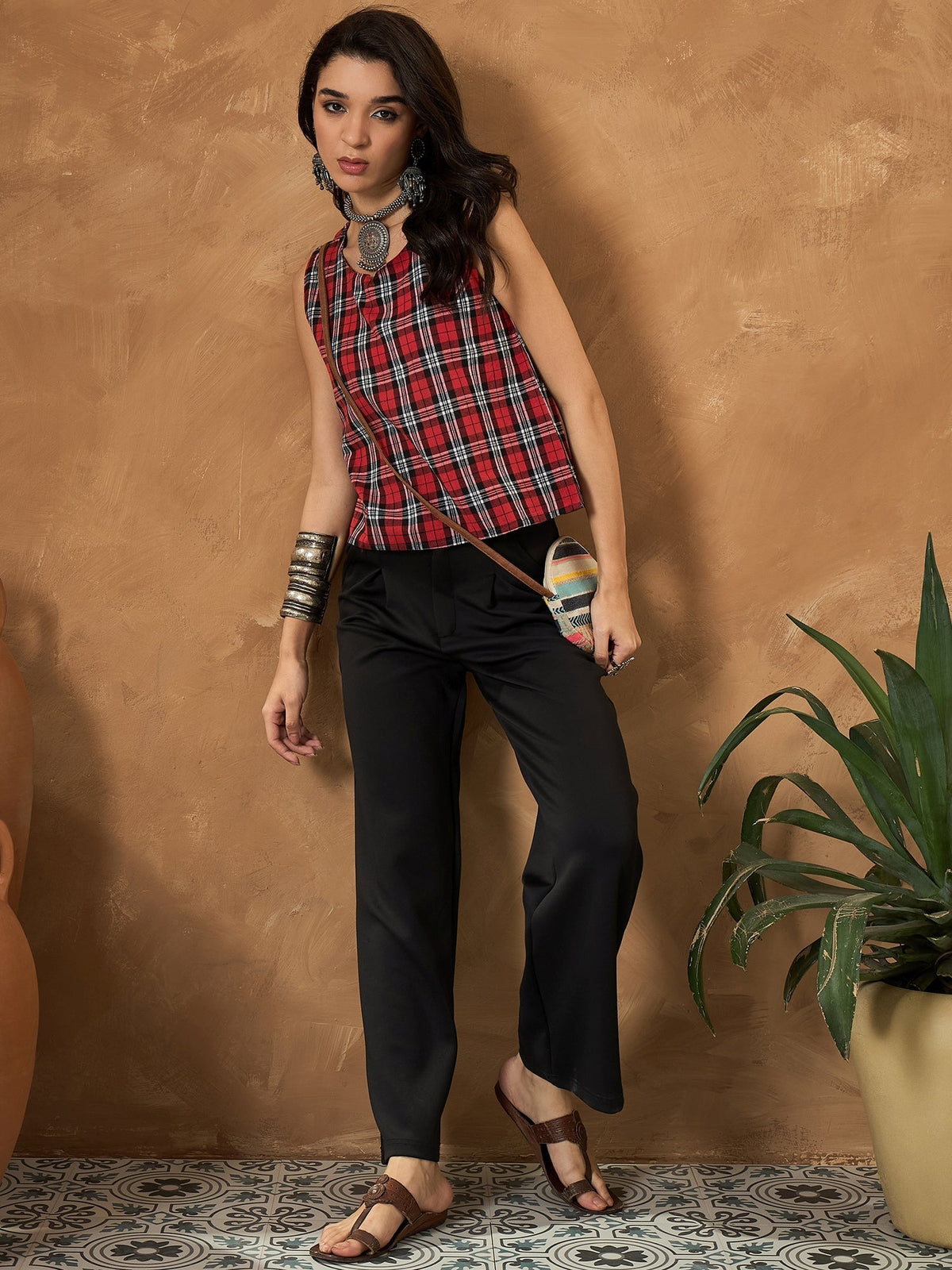 InWeave Red Black Check Sleeveless Top | Grocsy