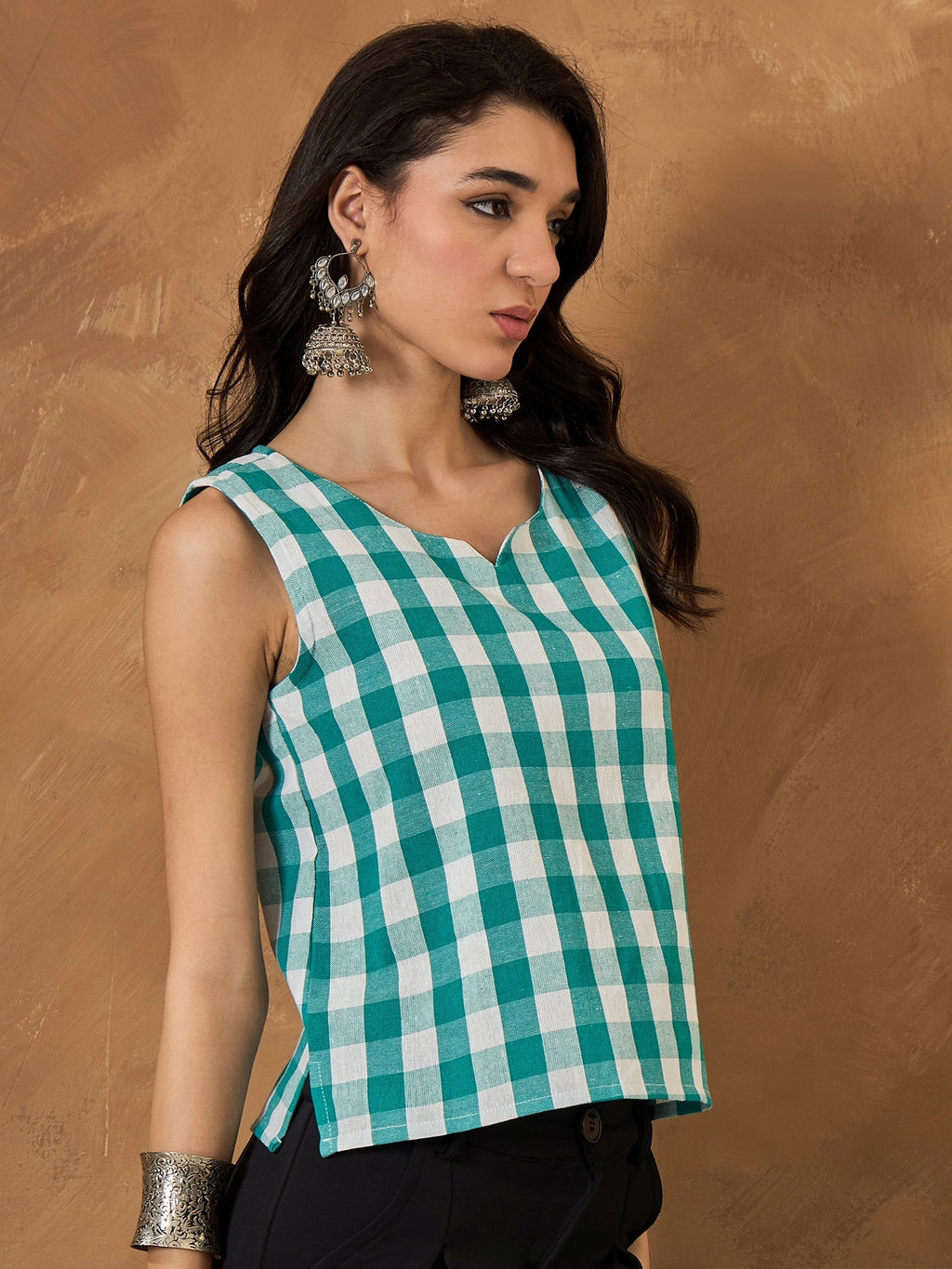 InWeave Light Blue Big Check Sleeveless Top | Grocsy