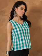 InWeave Light Blue Big Check Sleeveless Top | Grocsy