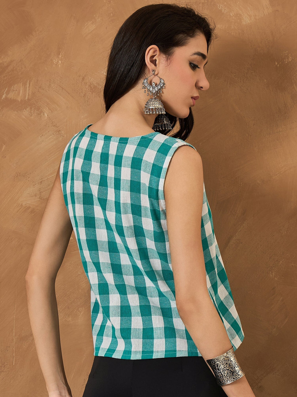 InWeave Light Blue Big Check Sleeveless Top | Grocsy