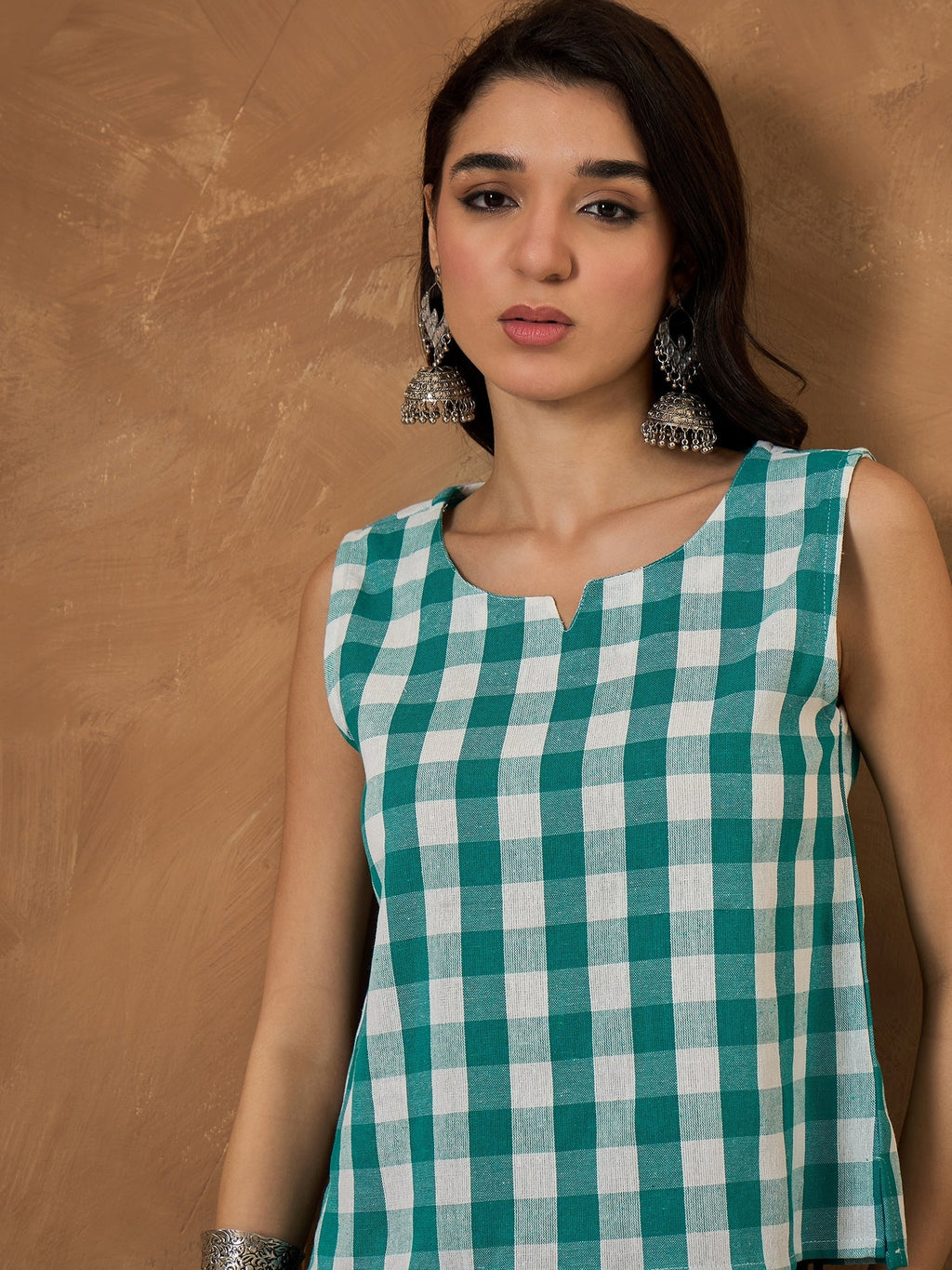 InWeave Light Blue Big Check Sleeveless Top | Grocsy