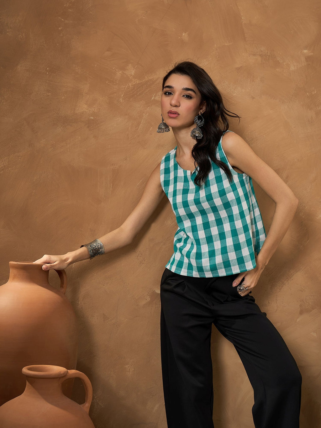 InWeave Light Blue Big Check Sleeveless Top | Grocsy