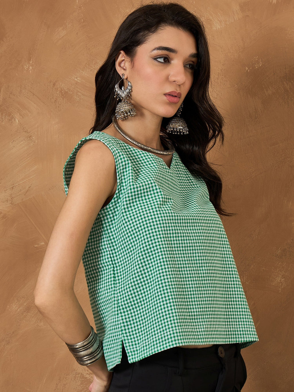 InWeave Green Small Check Sleeveless Top | Grocsy