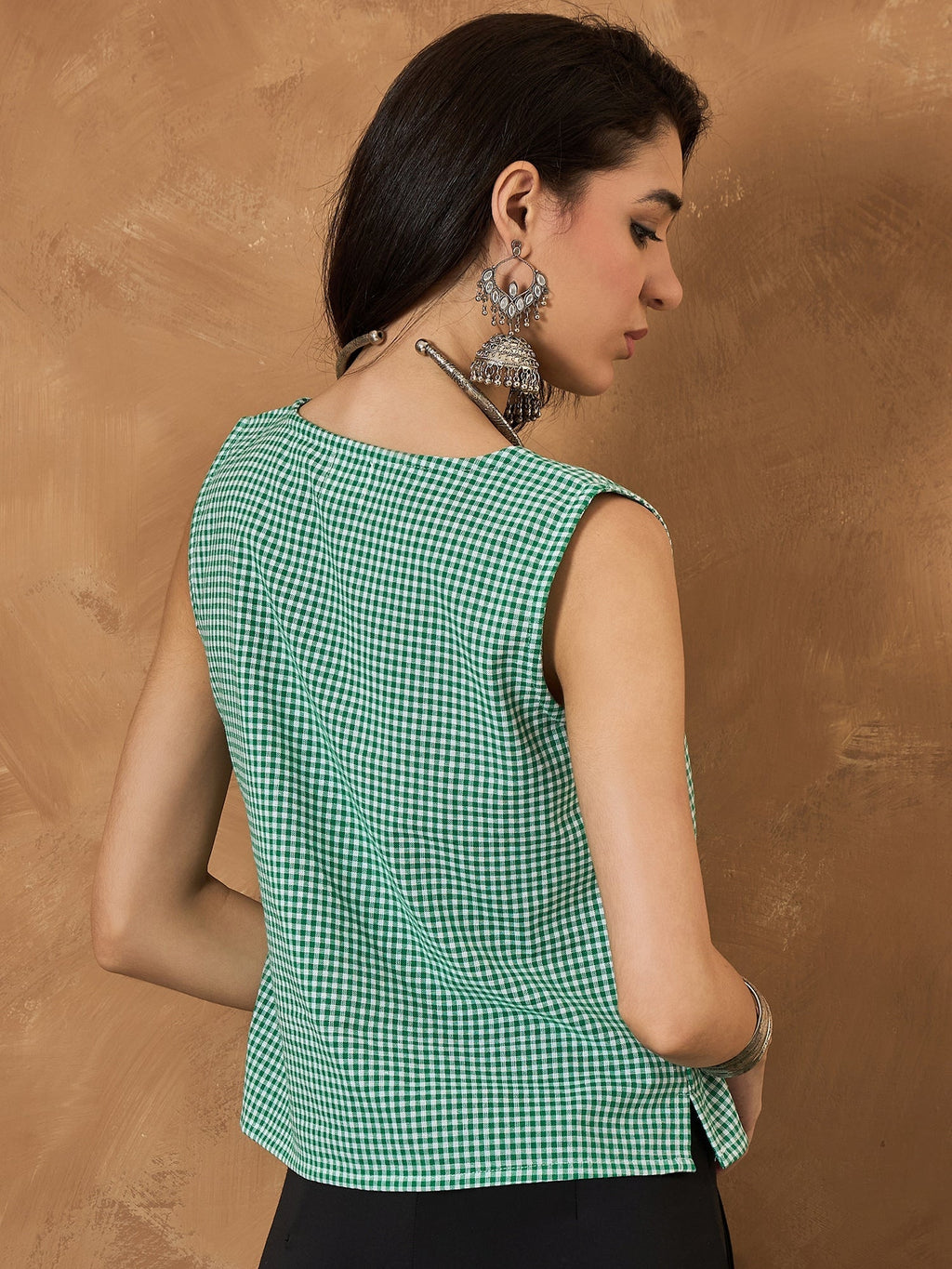 InWeave Green Small Check Sleeveless Top | Grocsy