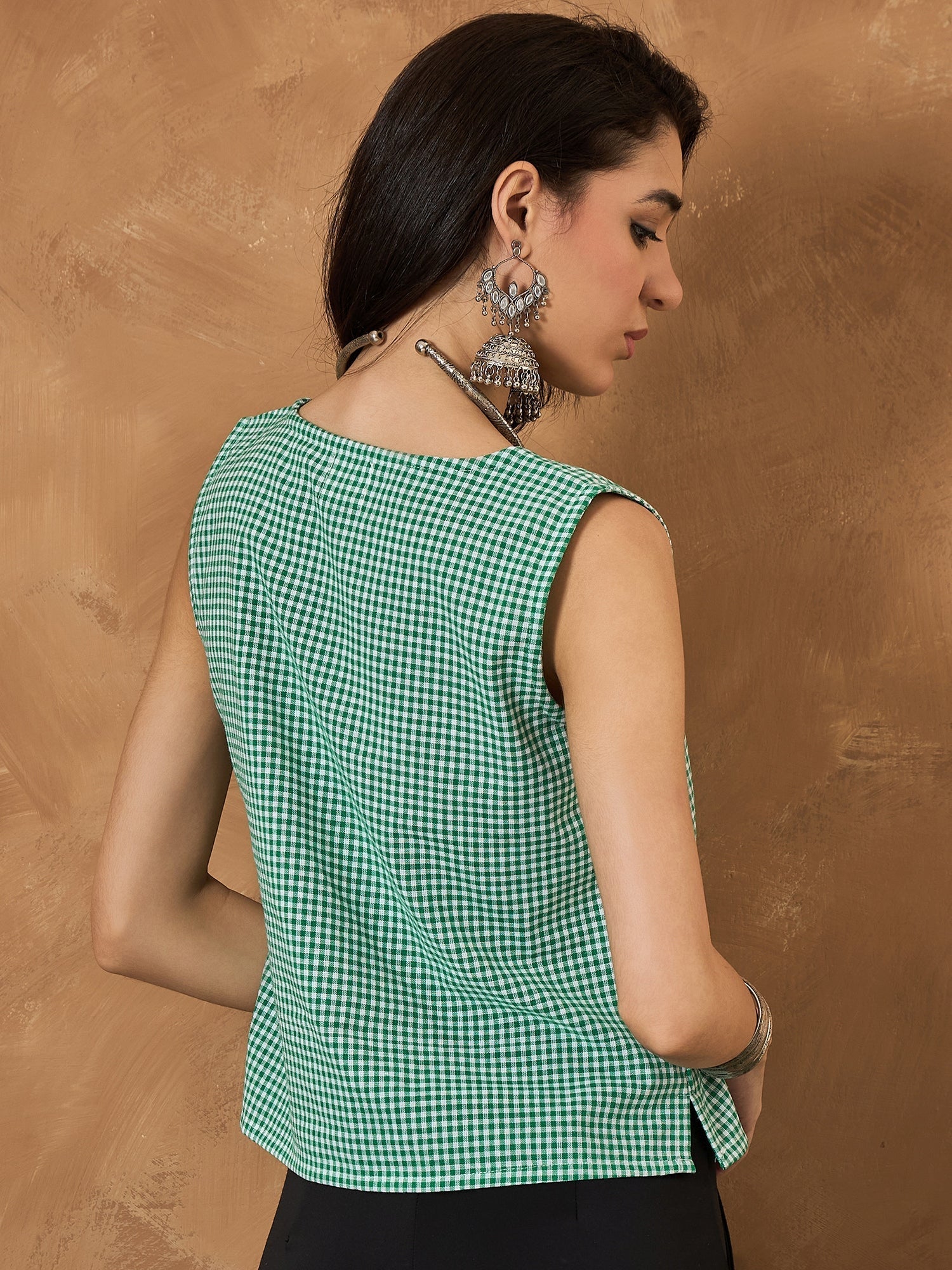 InWeave Green Small Check Sleeveless Top | Grocsy