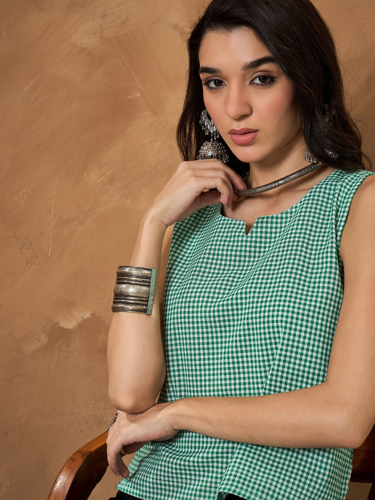 InWeave Green Small Check Sleeveless Top | Grocsy