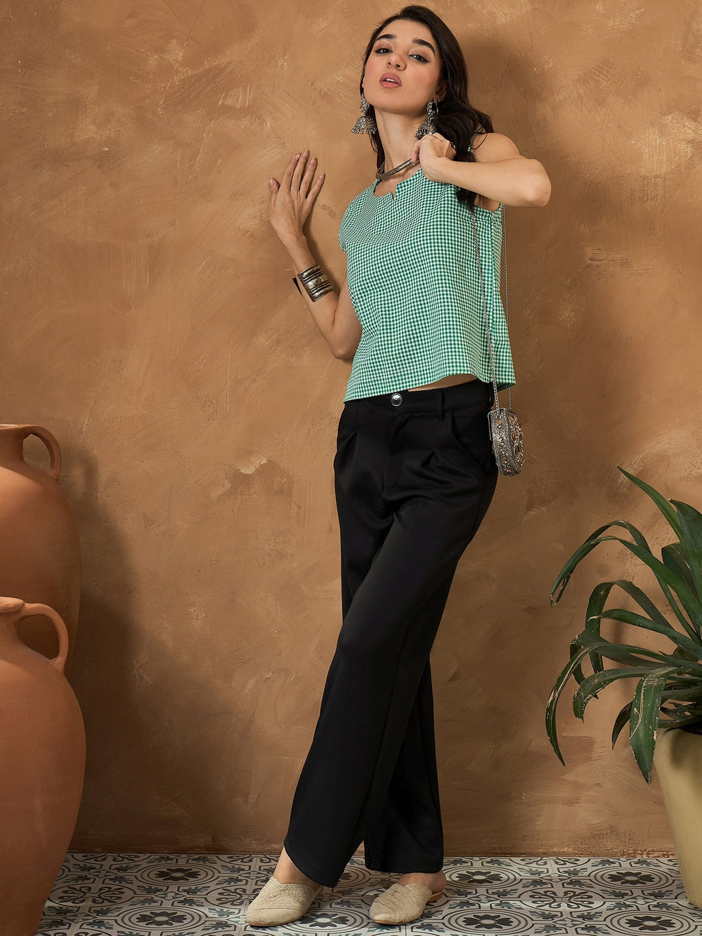 InWeave Green Small Check Sleeveless Top | Grocsy