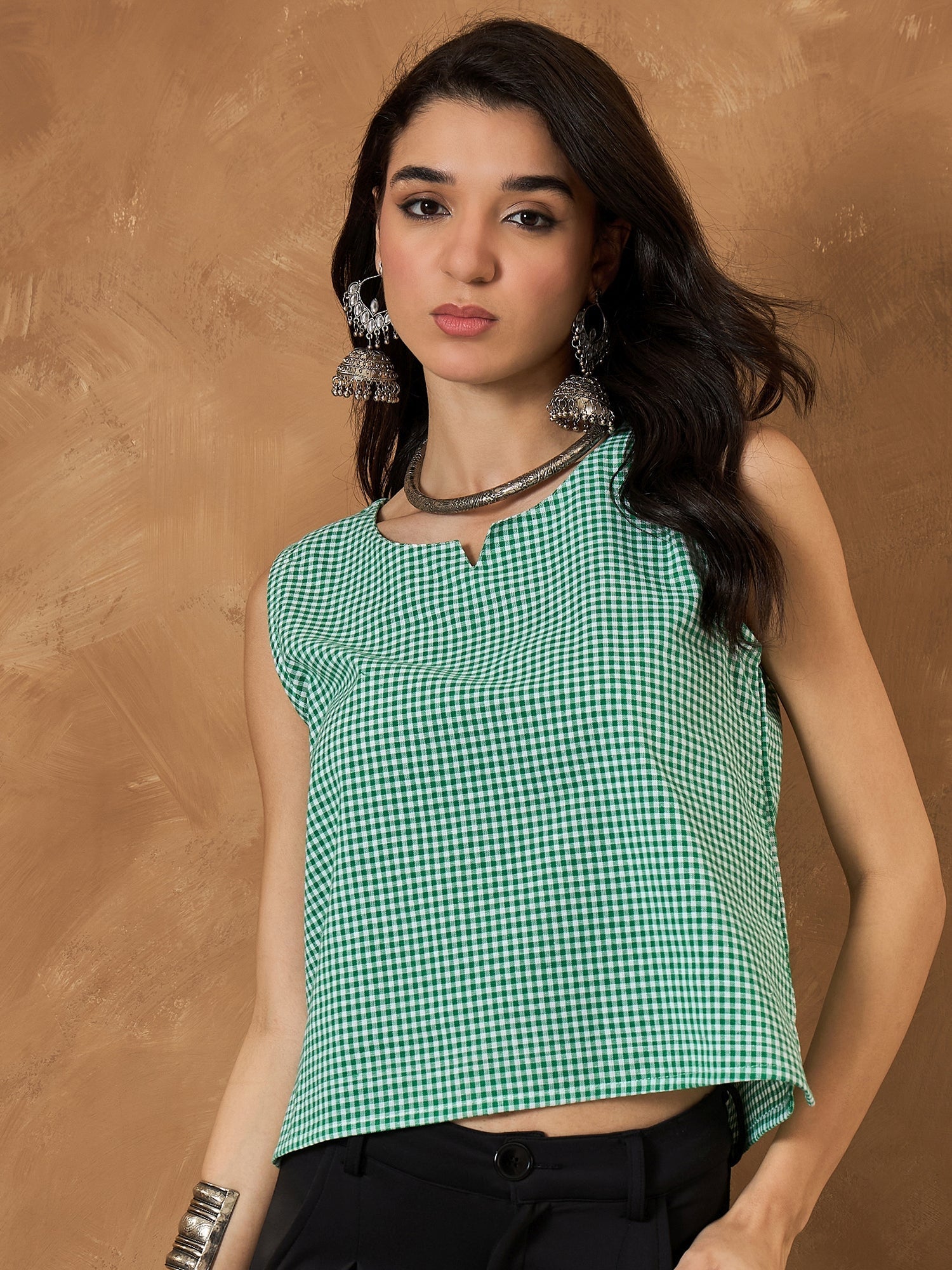InWeave Green Small Check Sleeveless Top | Grocsy