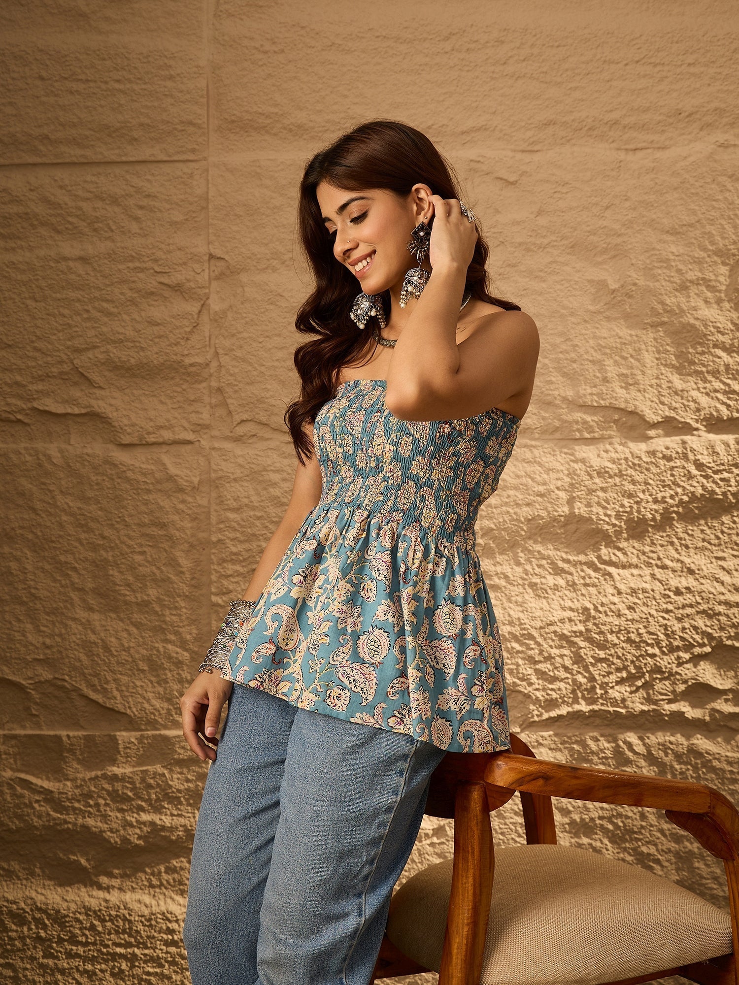 InWeave Steel Blue Floral Off Shoulder Top | Grocsy