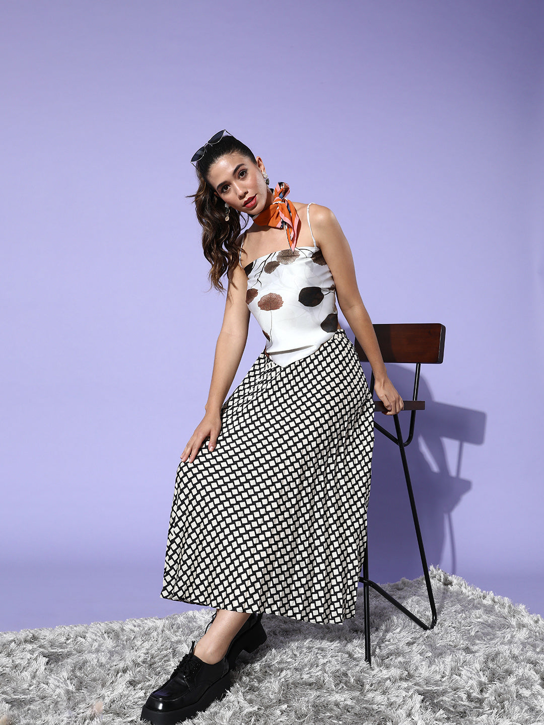 InWeave Cream Brown Leaf Print Scarf Top | Grocsy