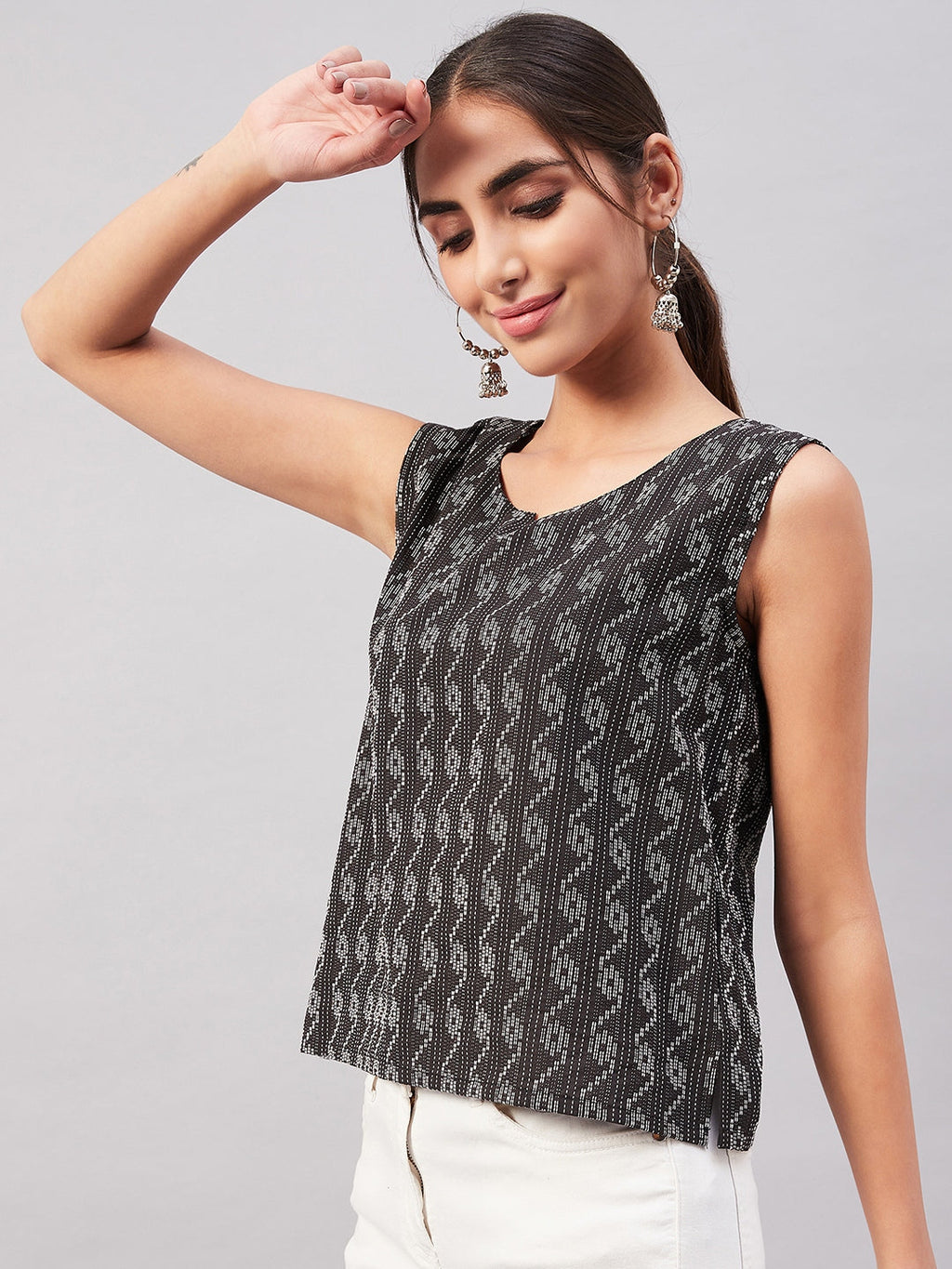 InWeave Black Kantha Ikkat Print W/U Top | Grocsy