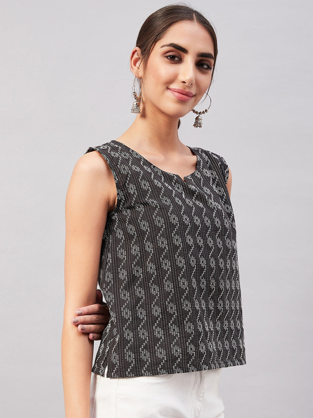 InWeave Black Kantha Ikkat Print W/U Top | Grocsy
