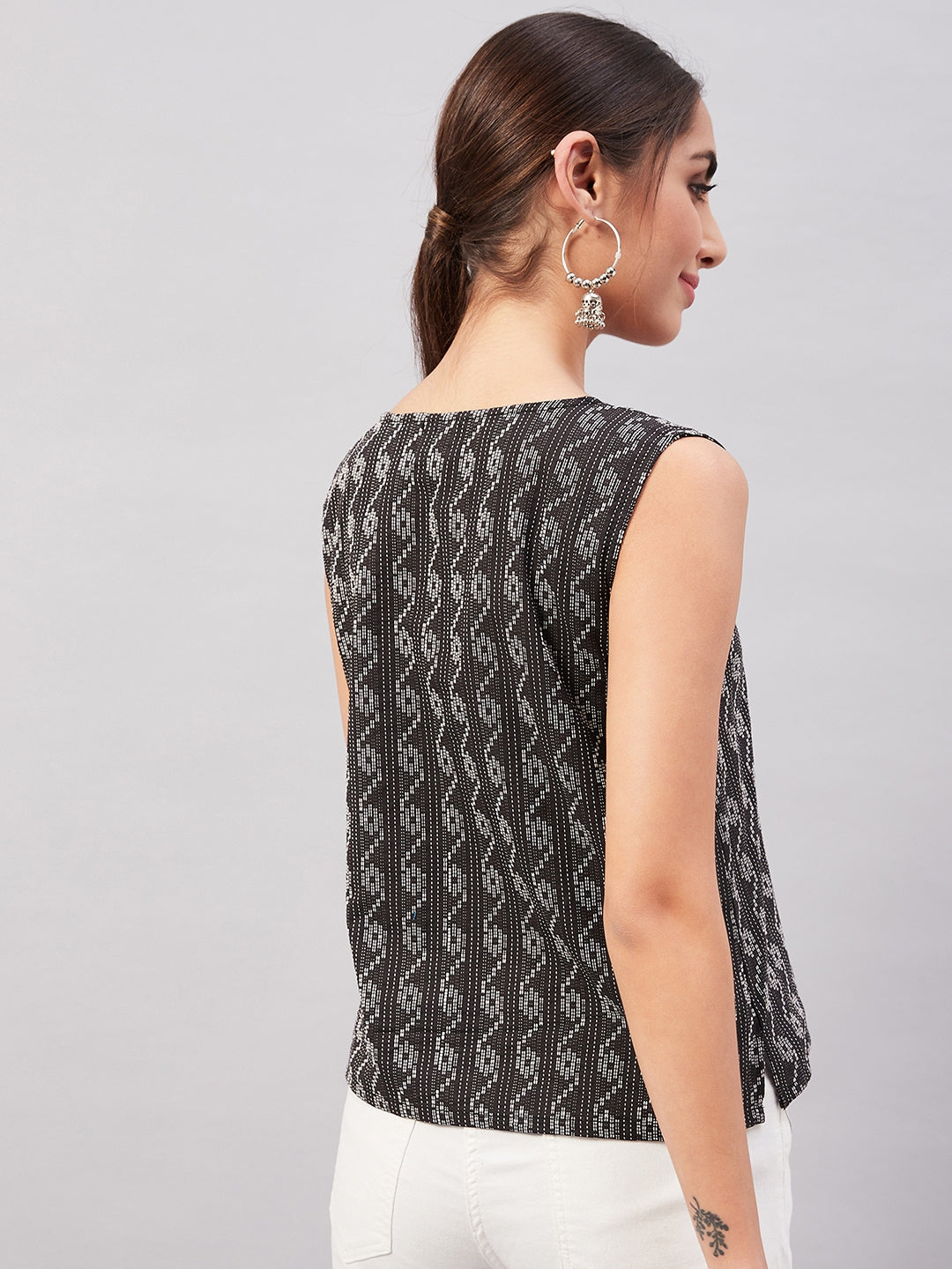 InWeave Black Kantha Ikkat Print W/U Top | Grocsy