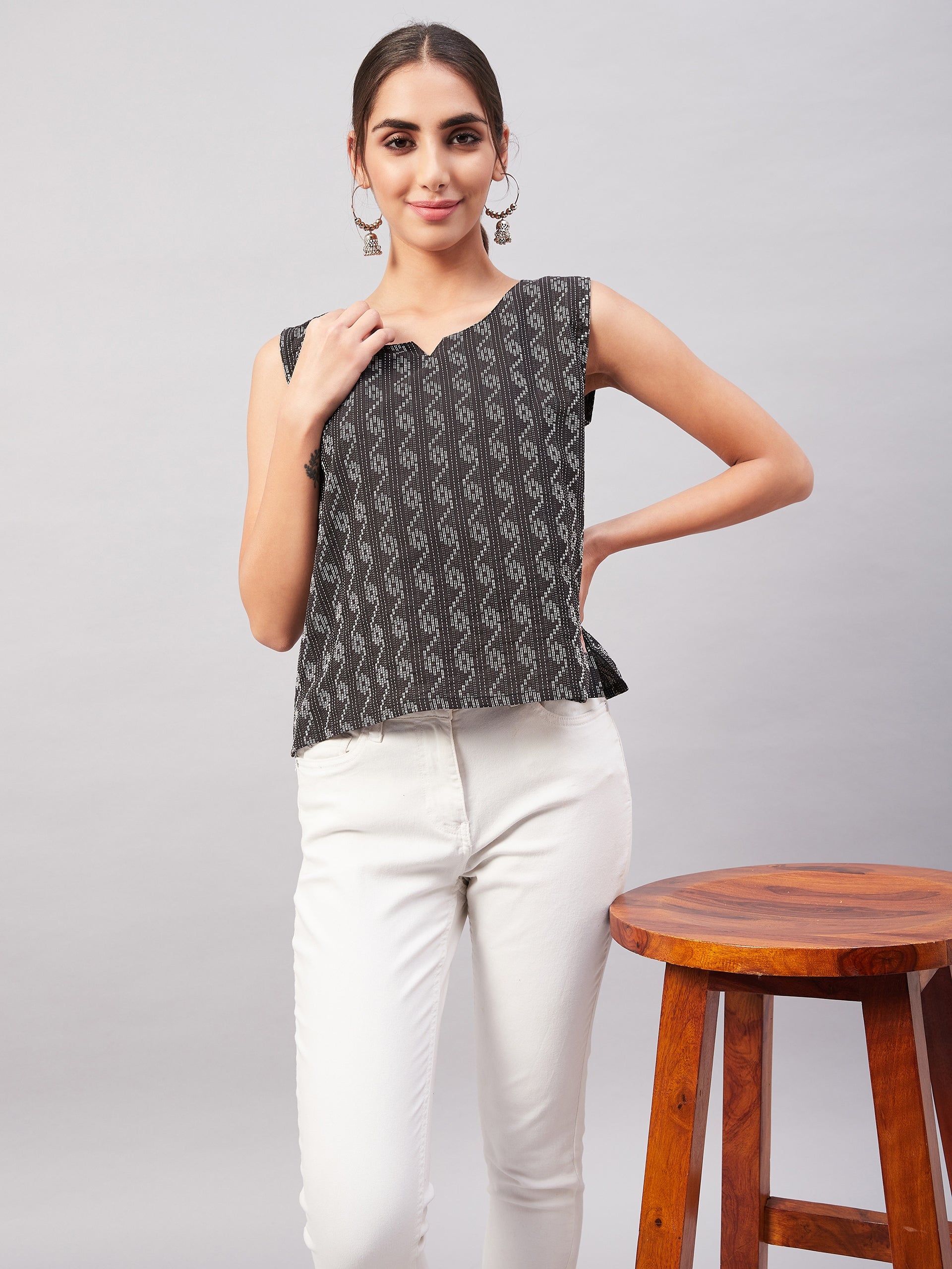 InWeave Black Kantha Ikkat Print W/U Top | Grocsy