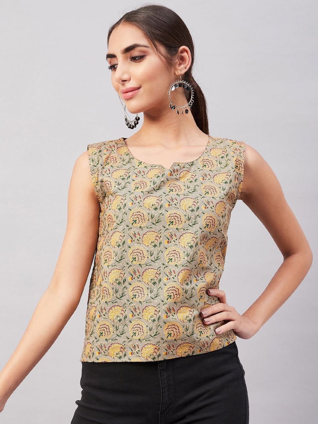 InWeave Grey Gold Floral W/U Top | Grocsy