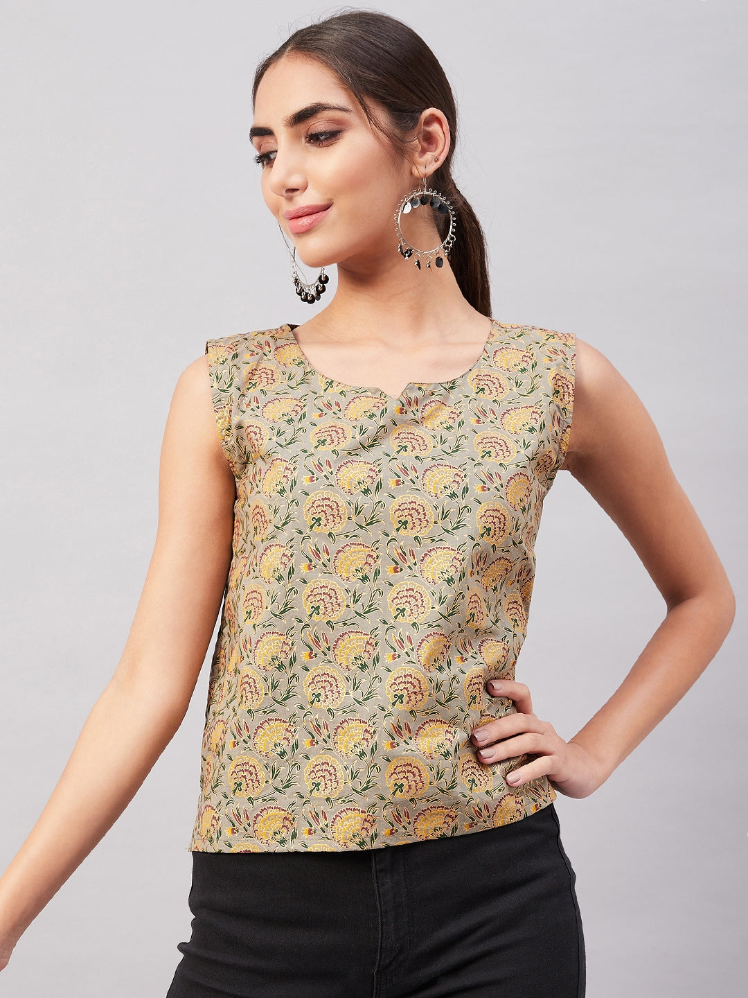 InWeave Grey Gold Floral W/U Top | Grocsy