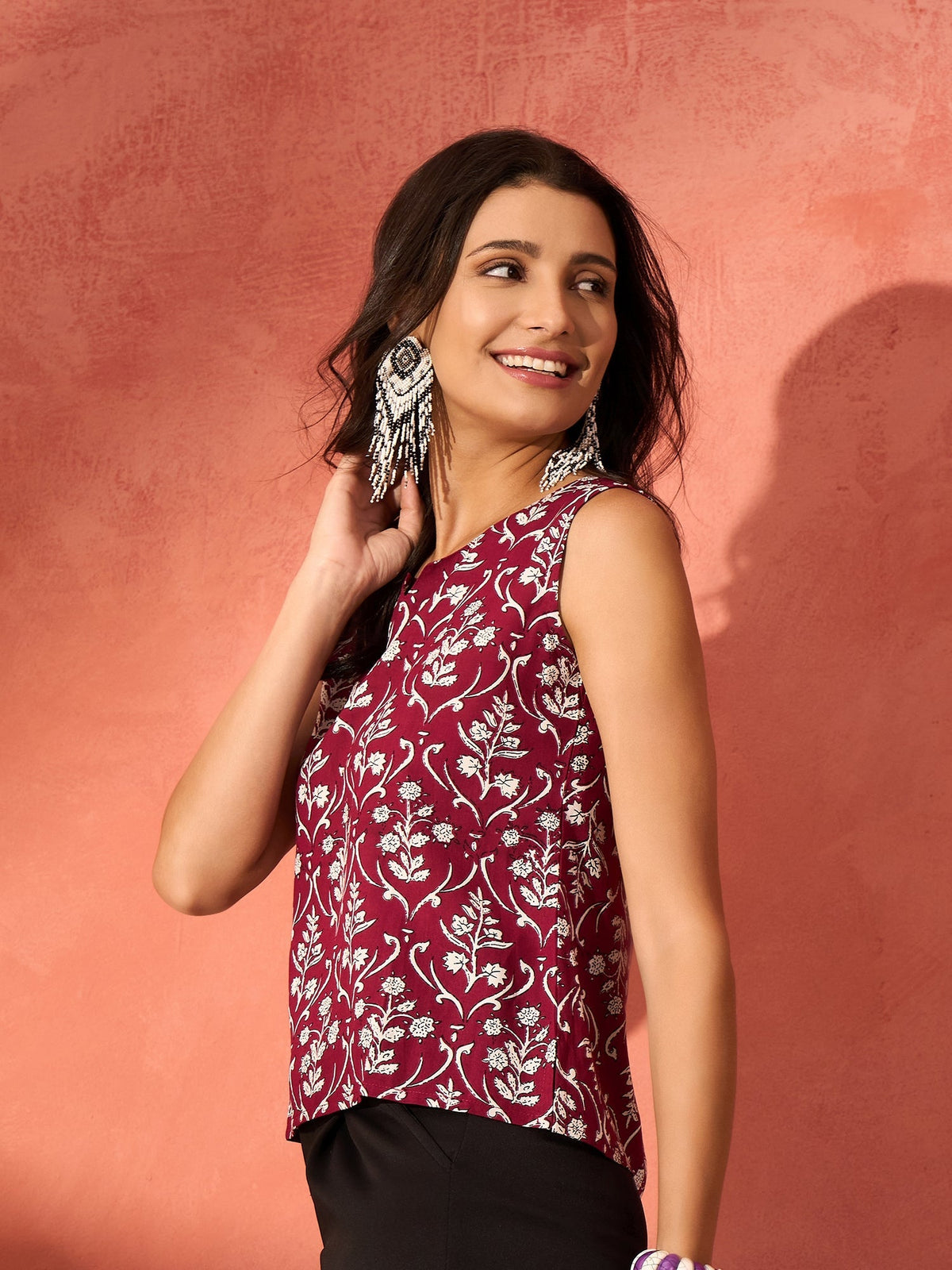 InWeave Wine Cream Floral Print W/U Top | Grocsy
