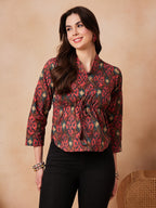 InWeave Coral Red Abstract Printed Shawl Neck Top | Grocsy