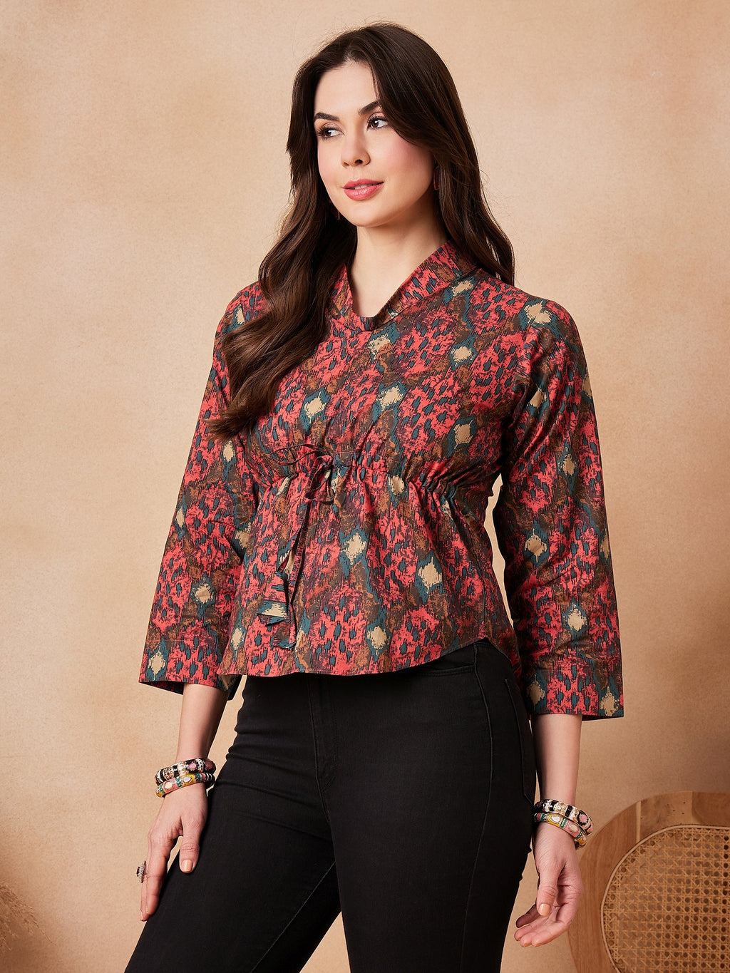InWeave Coral Red Abstract Printed Shawl Neck Top | Grocsy