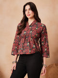 InWeave Coral Red Abstract Printed Shawl Neck Top | Grocsy