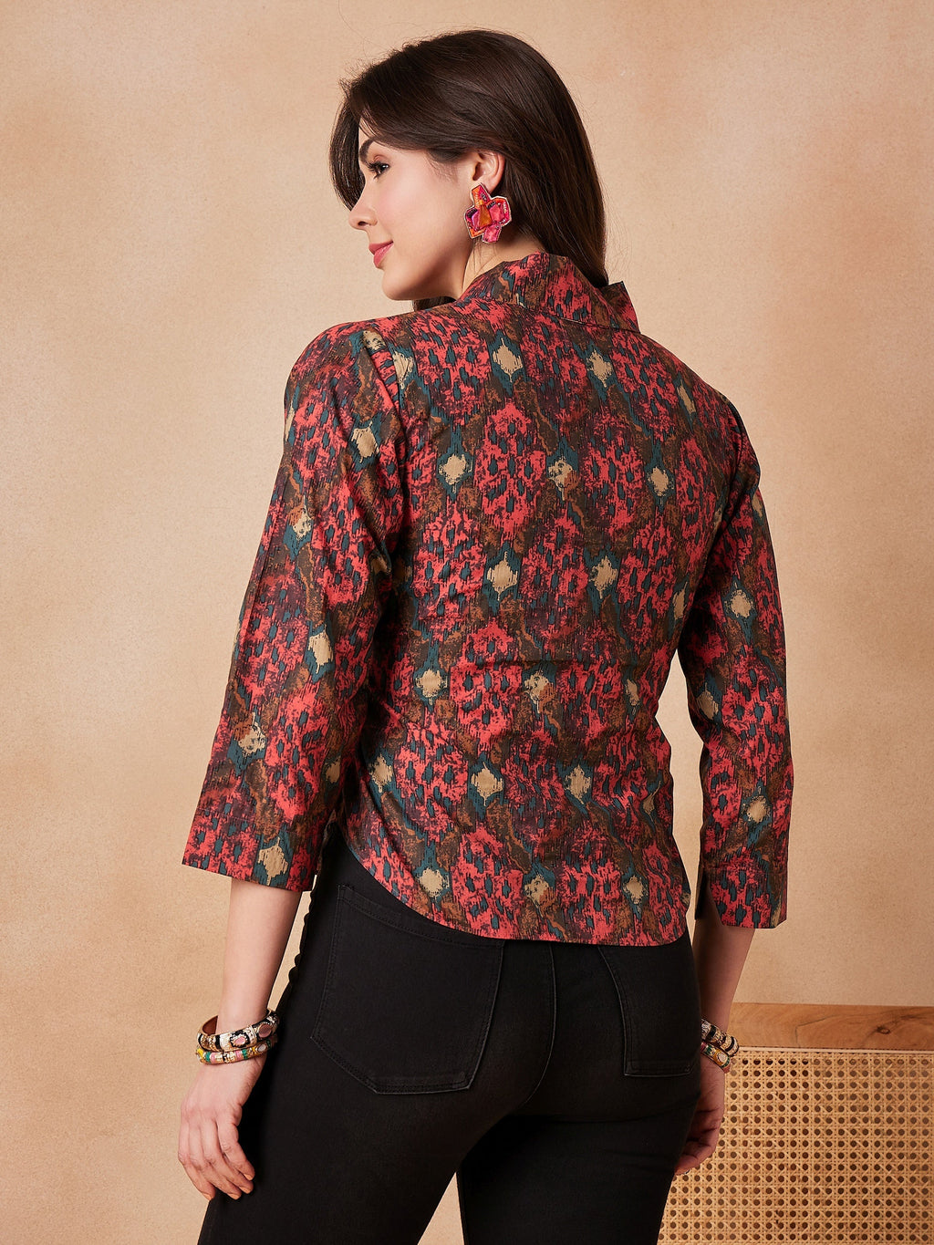 InWeave Coral Red Abstract Printed Shawl Neck Top | Grocsy