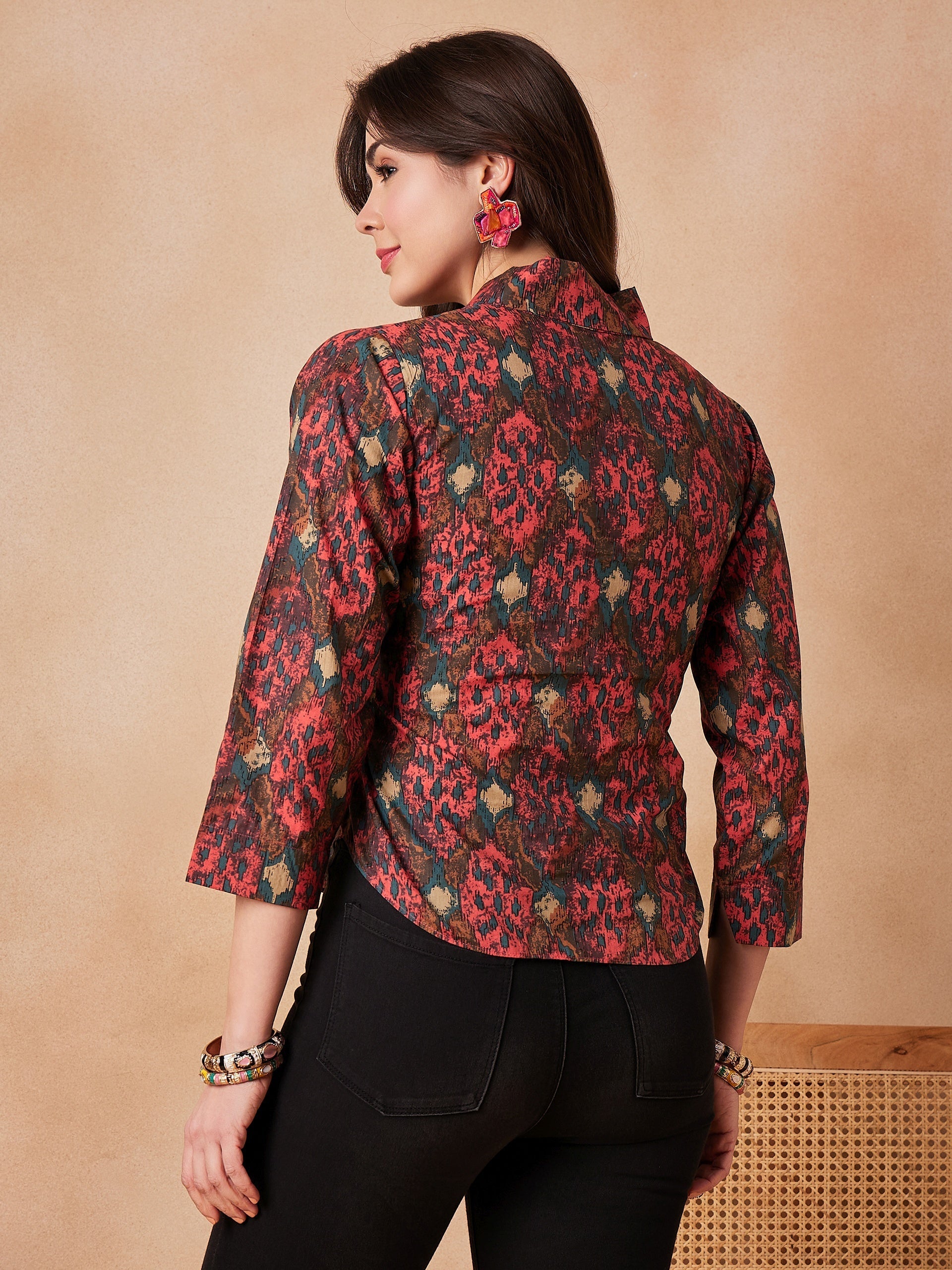 InWeave Coral Red Abstract Printed Shawl Neck Top | Grocsy