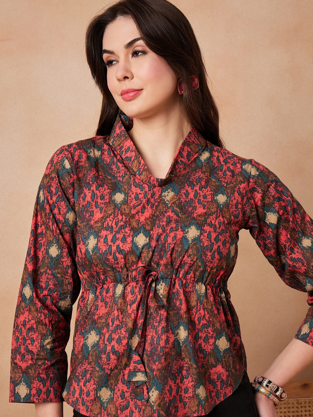 InWeave Coral Red Abstract Printed Shawl Neck Top | Grocsy