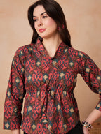 InWeave Coral Red Abstract Printed Shawl Neck Top | Grocsy
