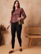 InWeave Coral Red Abstract Printed Shawl Neck Top | Grocsy