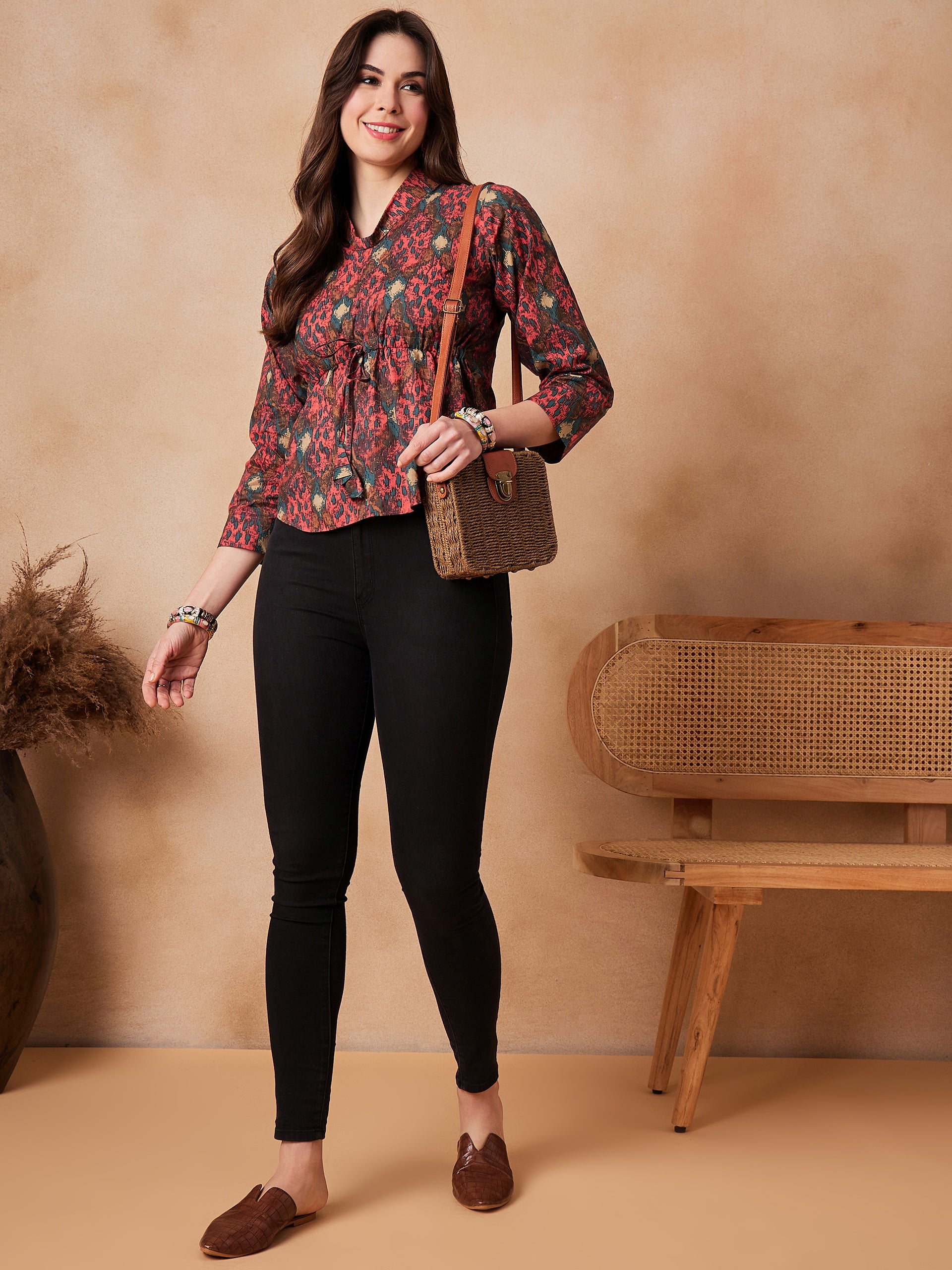 InWeave Coral Red Abstract Printed Shawl Neck Top | Grocsy
