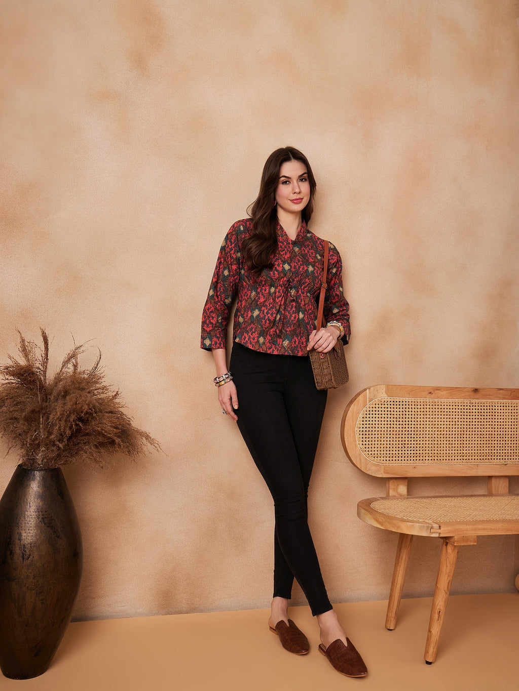 InWeave Coral Red Abstract Printed Shawl Neck Top | Grocsy