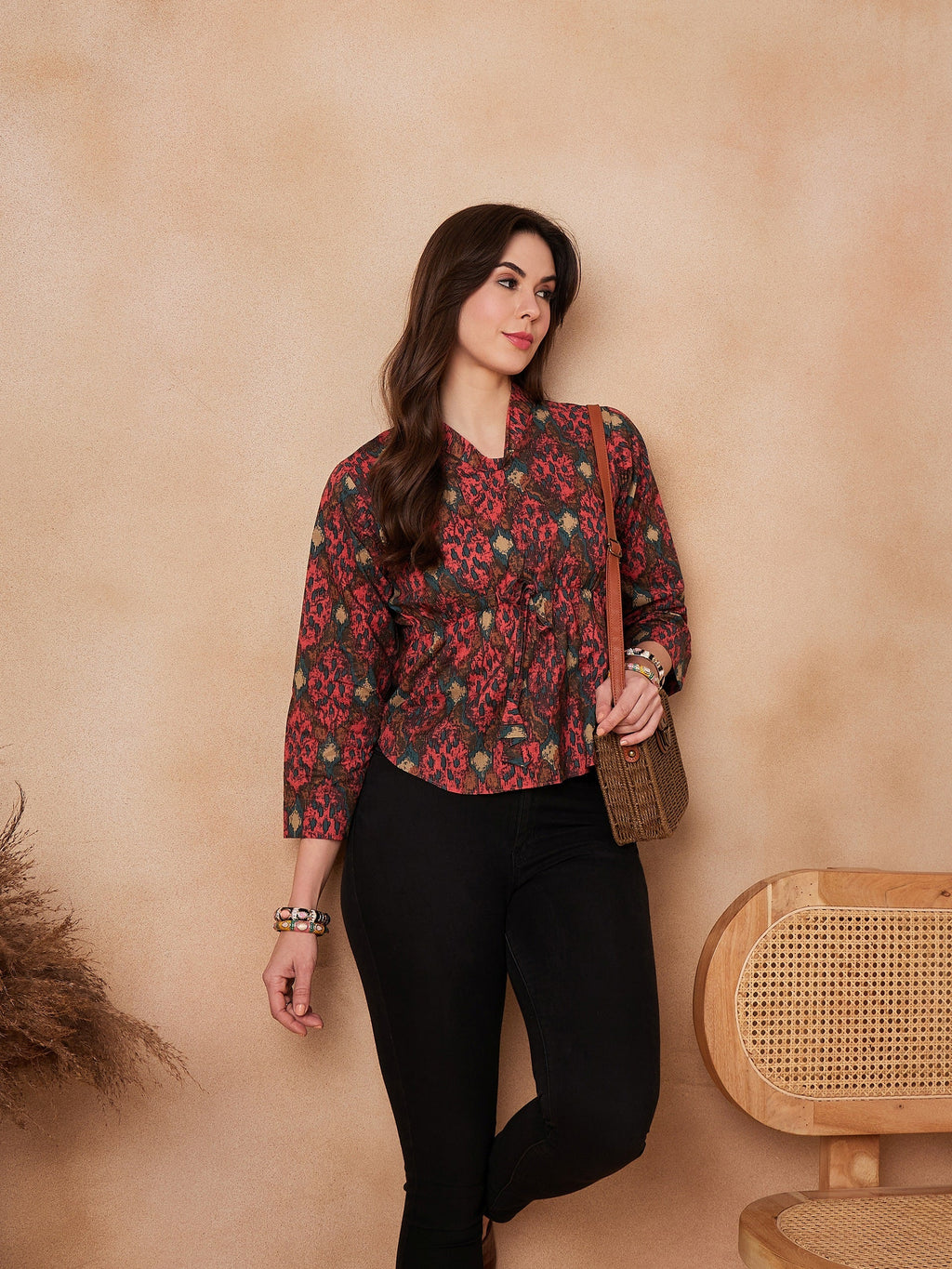 InWeave Coral Red Abstract Printed Shawl Neck Top | Grocsy
