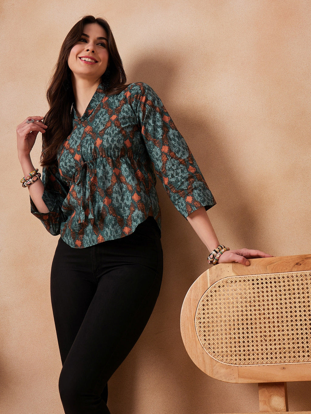 InWeave Aqua Pearl Shawl Neck Top | Grocsy