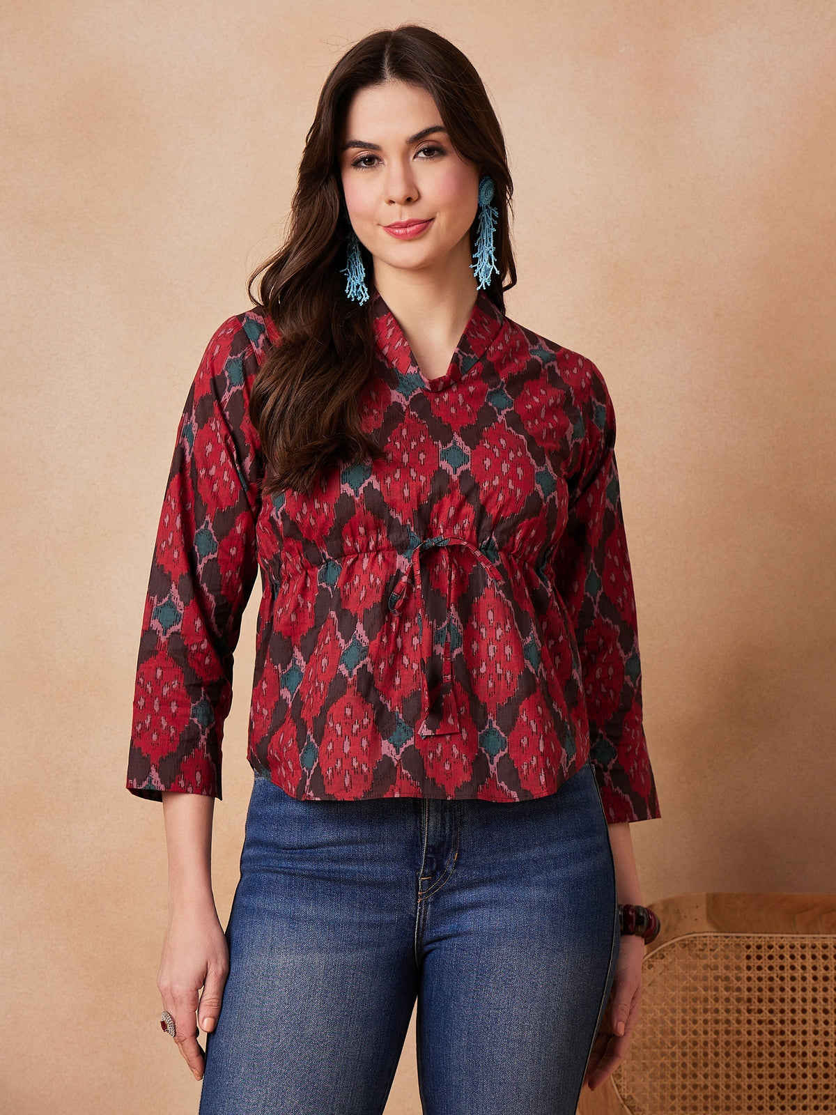 InWeave Red Abstract Printed Shawl Neck Top | Grocsy