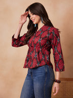 InWeave Red Abstract Printed Shawl Neck Top | Grocsy