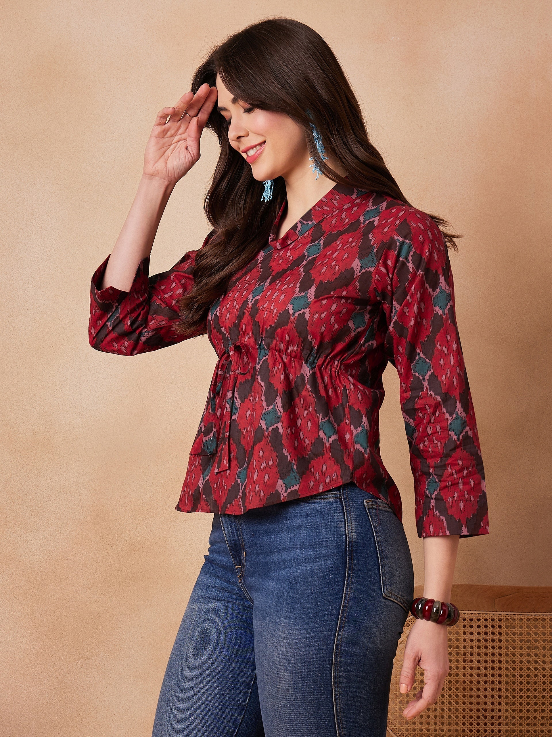 InWeave Red Abstract Printed Shawl Neck Top | Grocsy