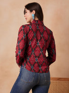InWeave Red Abstract Printed Shawl Neck Top | Grocsy