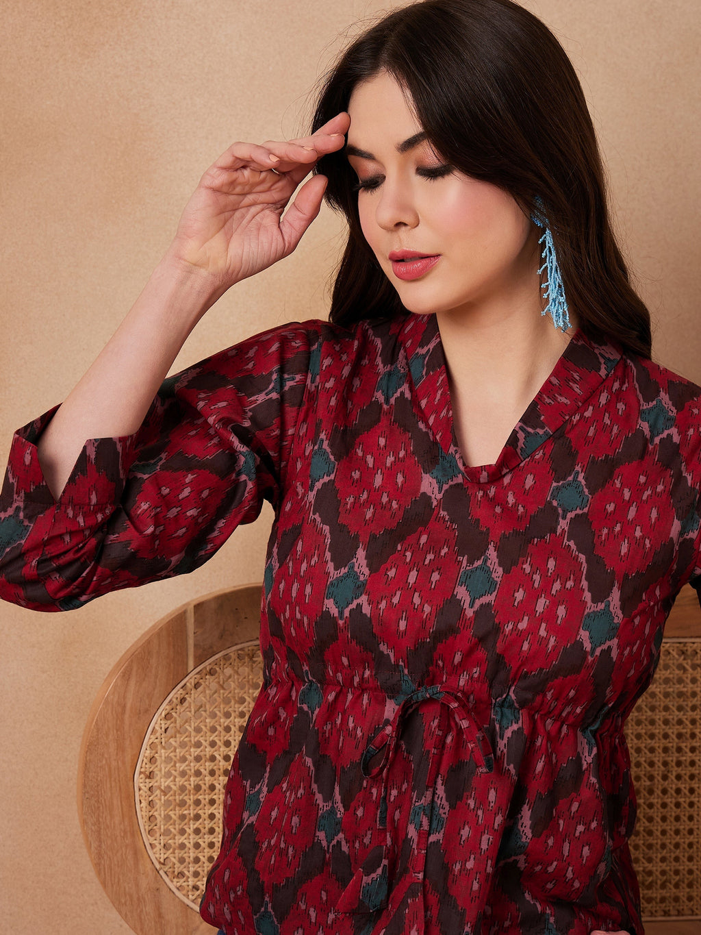 InWeave Red Abstract Printed Shawl Neck Top | Grocsy