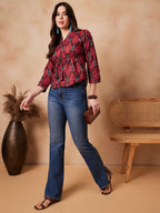 InWeave Red Abstract Printed Shawl Neck Top | Grocsy