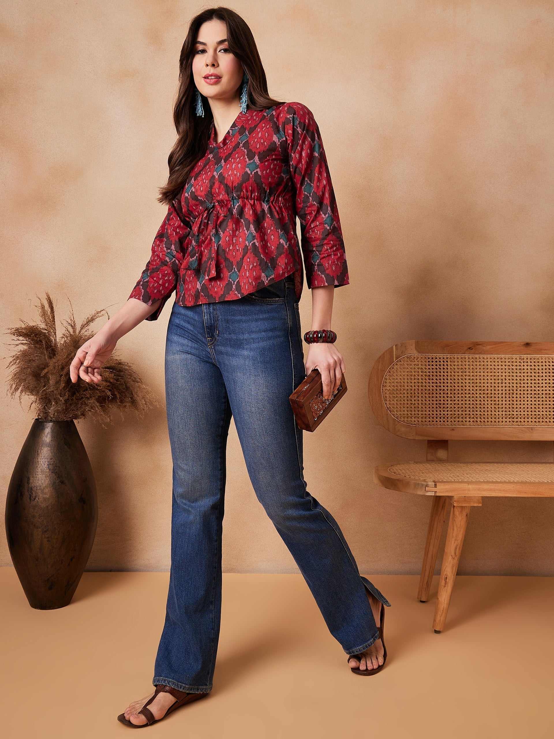 InWeave Red Abstract Printed Shawl Neck Top | Grocsy