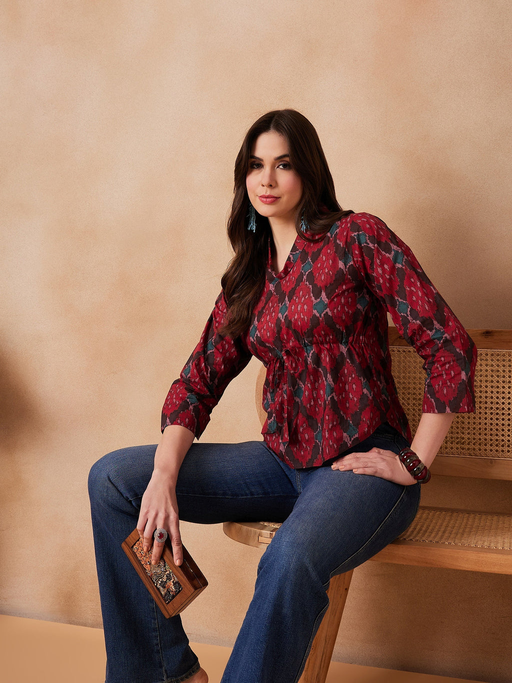 InWeave Red Abstract Printed Shawl Neck Top | Grocsy