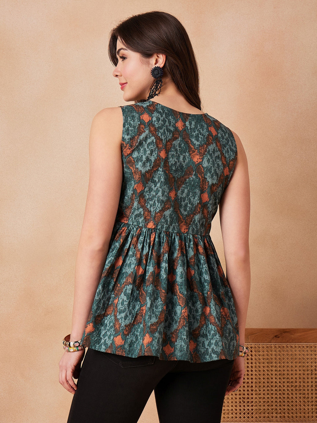 InWeave Aqua Pearl Abstract Printed Round Neck Top | Grocsy
