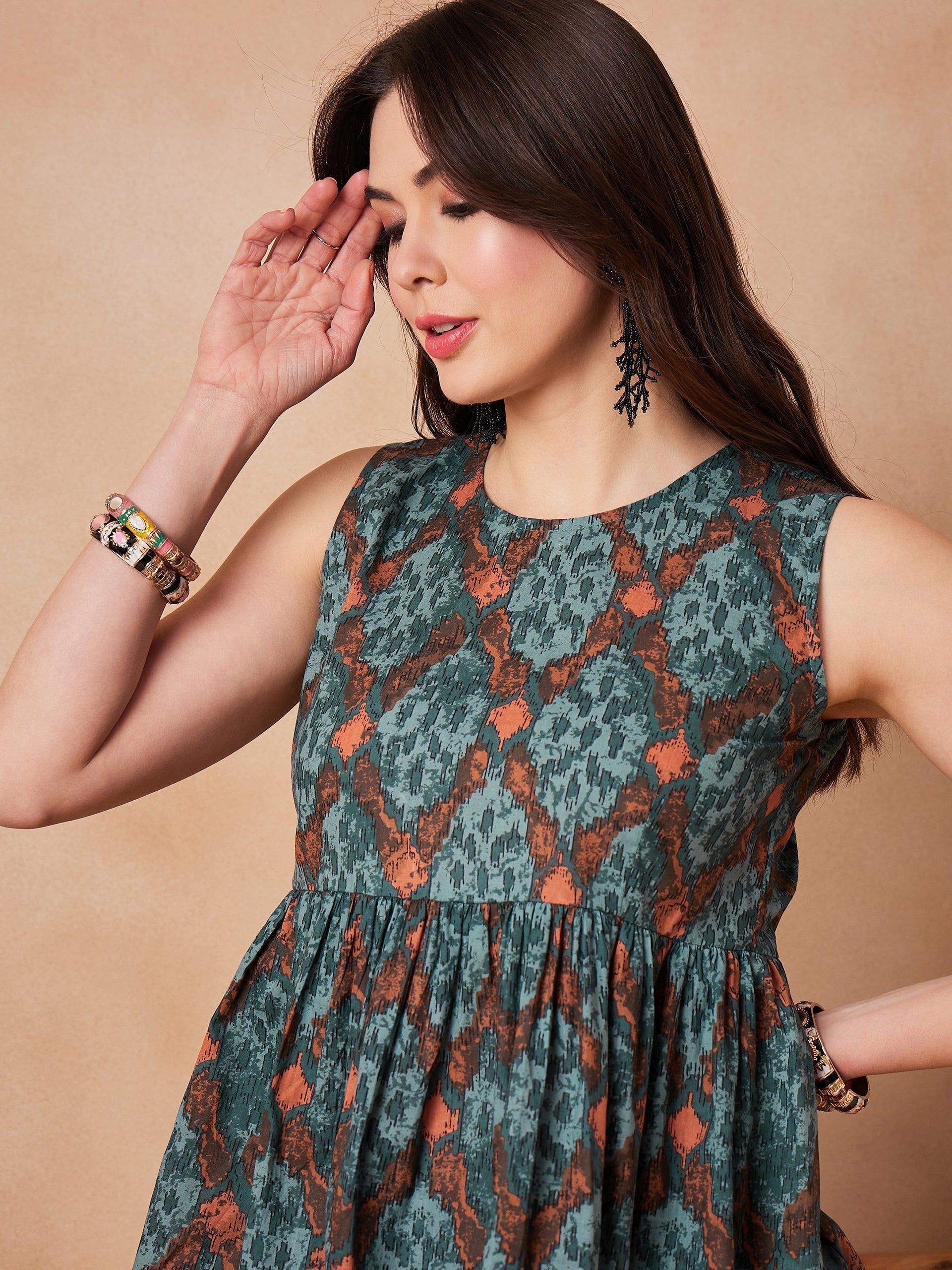 InWeave Aqua Pearl Abstract Printed Round Neck Top | Grocsy