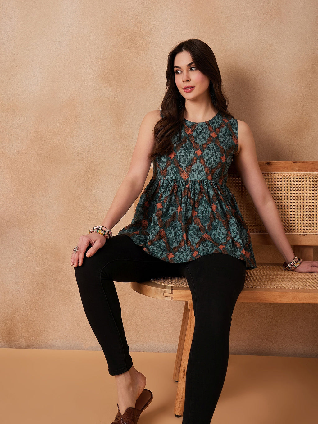 InWeave Aqua Pearl Abstract Printed Round Neck Top | Grocsy