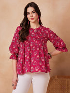 InWeave Red Kantha Floral Print Front Pintex Top | Grocsy