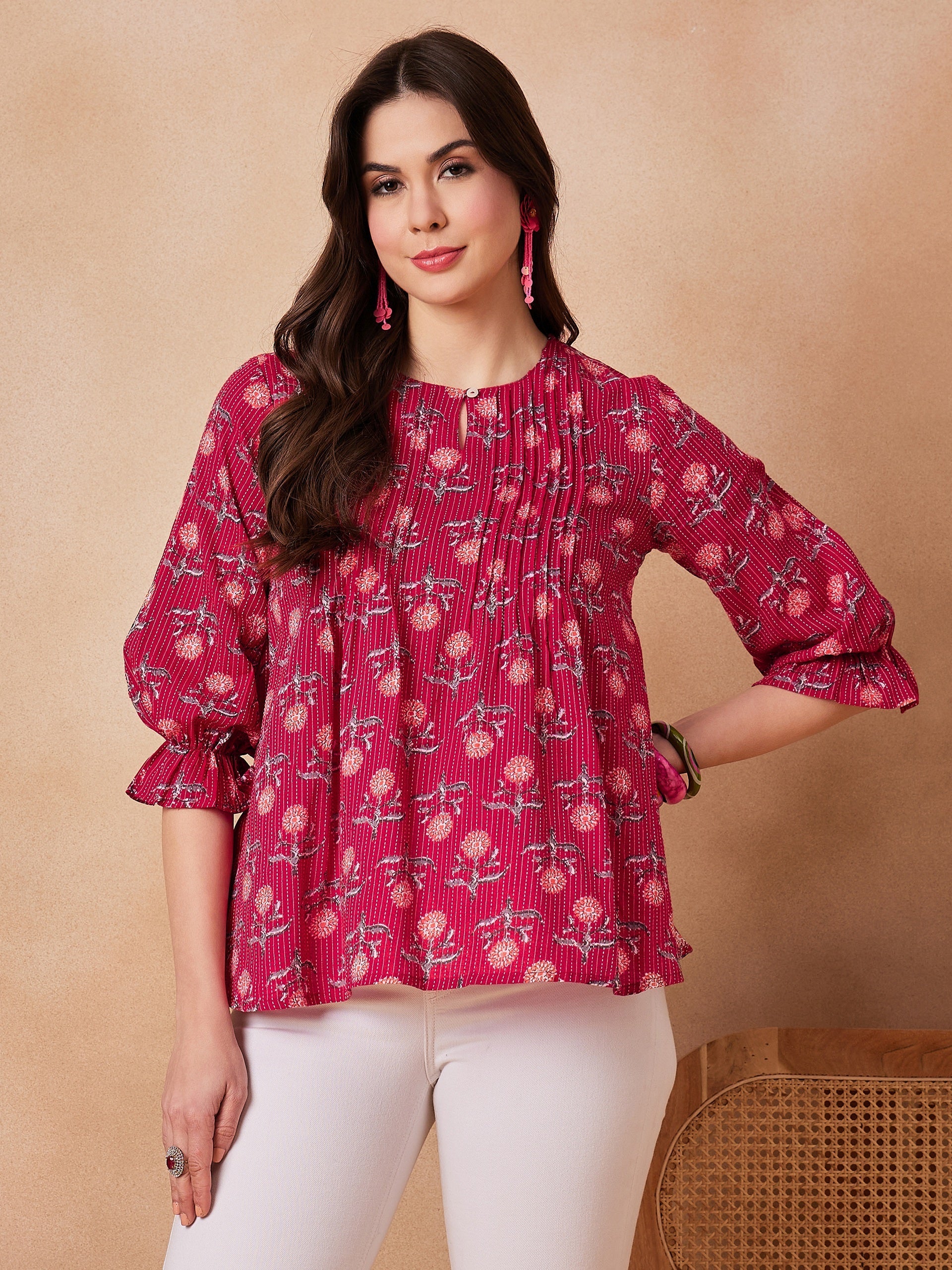 InWeave Red Kantha Floral Print Front Pintex Top | Grocsy
