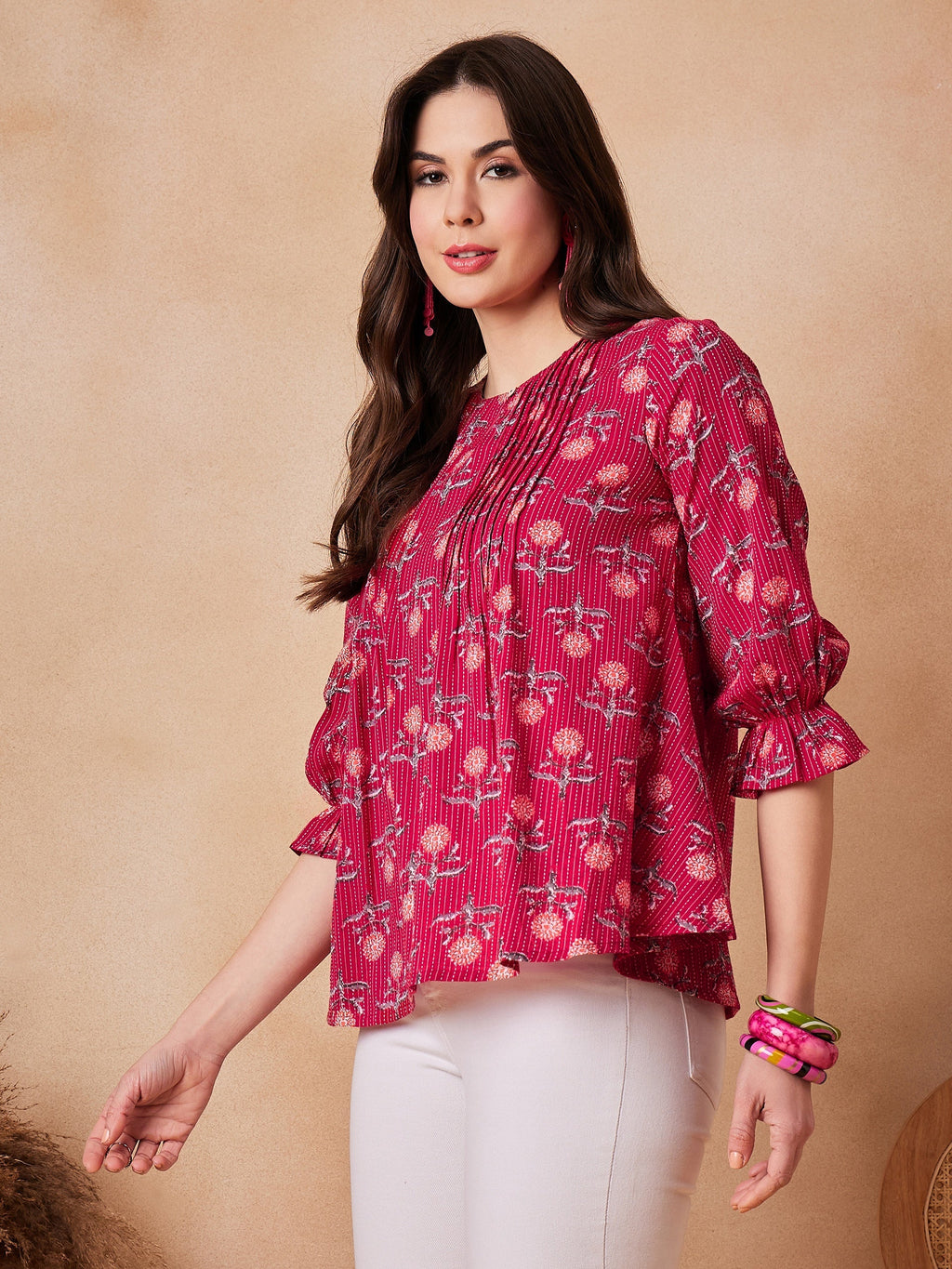 InWeave Red Kantha Floral Print Front Pintex Top | Grocsy
