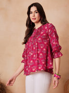 InWeave Red Kantha Floral Print Front Pintex Top | Grocsy